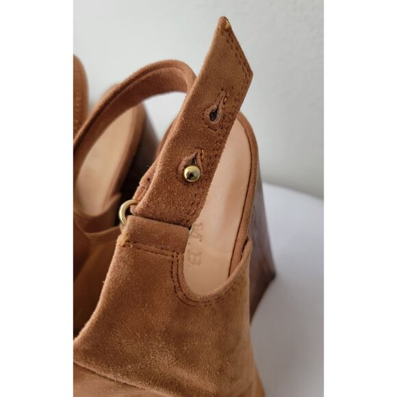 L.A.M.B. Womens Tan Suede Slingback Peep Toe Platform Wedge Heels Size 6.5M - Picture 7 of 13